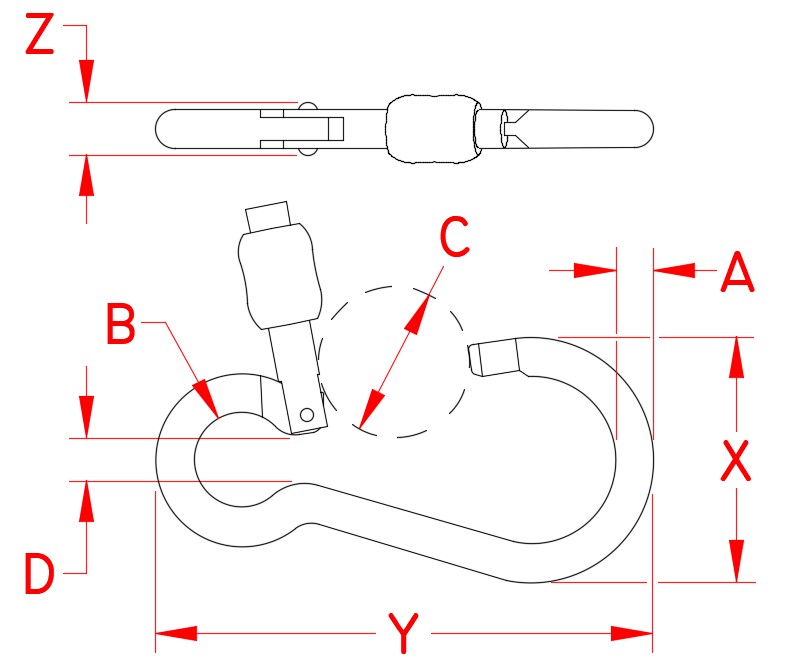 Stainless Steel Open Out Slide Lock Clip, S0145-0008, S0145-0010, Line Drawing